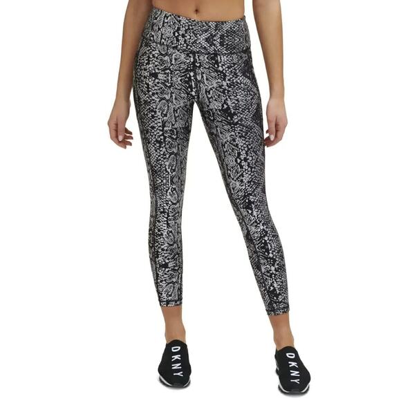 Dkny Sport Leggings Women's XS Metallic Snake-Print High-Waist 7/8 Silver Gym - Picture 1 of 7